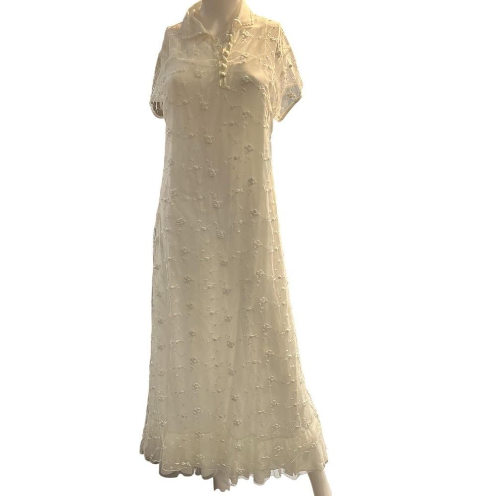 April Cornell Verona Dress Sheer White Mesh Overlay Slip Maxi L Cottagecore